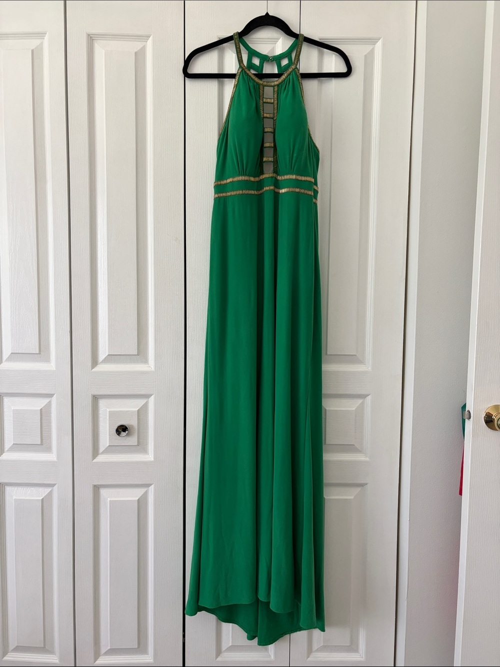 Xscape Green Halter Neck Maxi Dress with Gold Trim